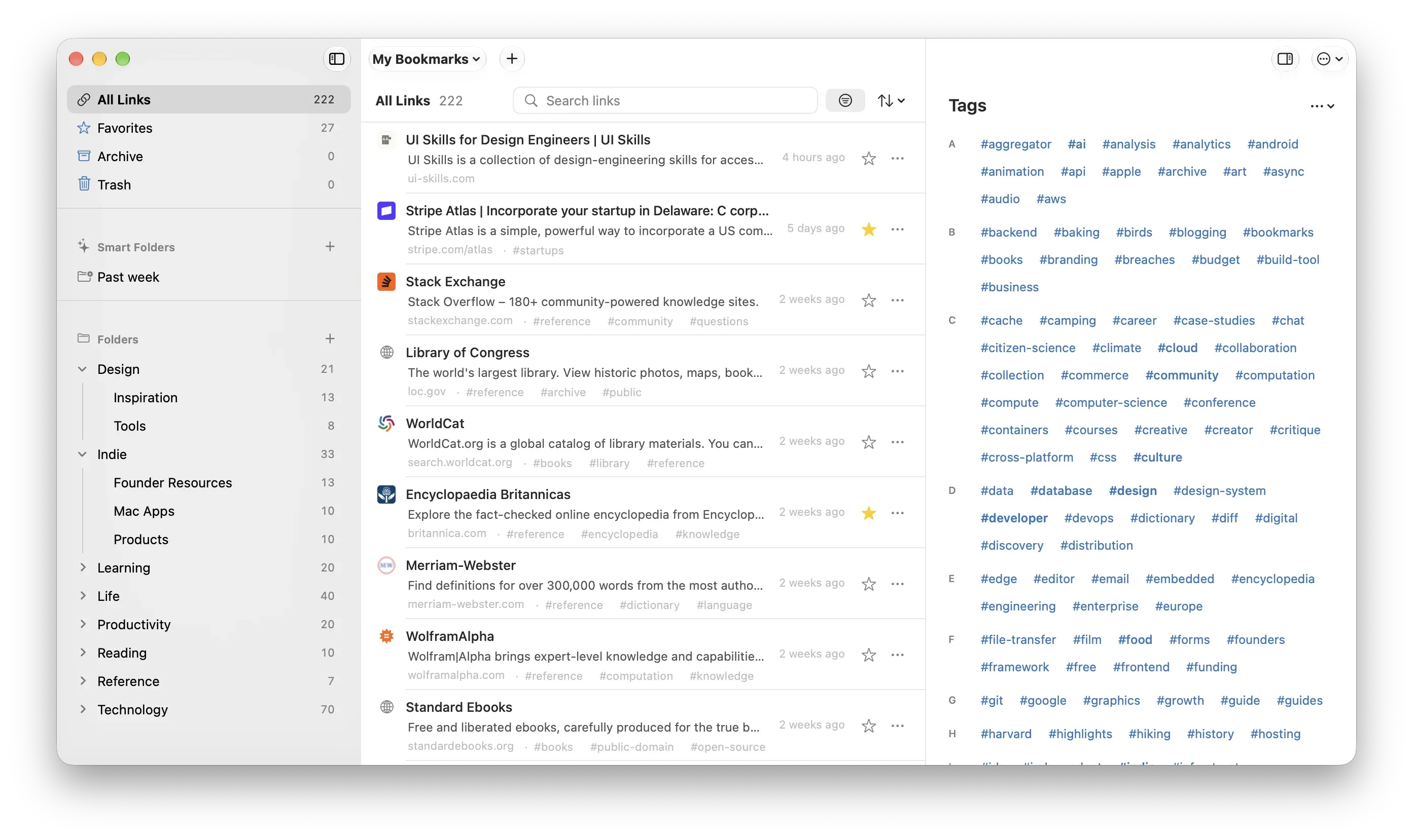 Marque’s bookmark library with folders, saved links, and tags