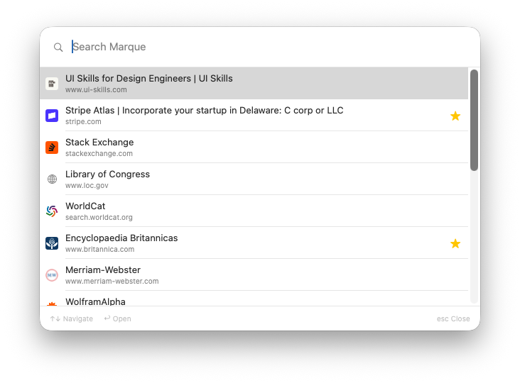 Search Marque panel showing saved link results